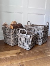 Wicker Log Basket, Firewood Kindling Storage Holder With Handles, 3 Sizes Wood