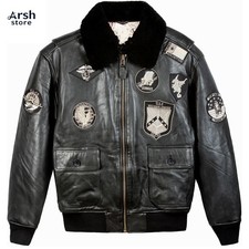 Men’s Black Leather Aviator Bomber Jacket with Military Patches Top Gun Style