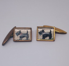 ART DECO CUFFLINKS - BLACK SCOTTIE TERRIER DOG REVERSE INTAGLIO PAINTED GILT