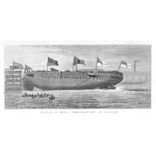 HMS NORTHAMPTON Launch at Govan, Glasgow - Antique Print 1876