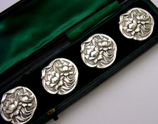 SIX LARGE STERLING SILVER ART NOUVEAU WATER LILY FLOWER BUTTONS 1902 ANTIQUE