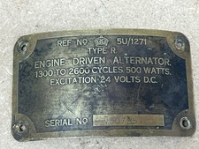 Original WW2 Brass Data Plate From An Aircraft Engine Driven Generator. Lanc Etc