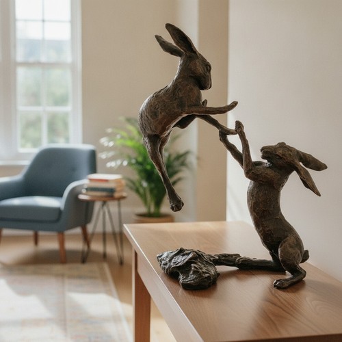 Bronze miniature boxing hares - bronze,