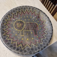 Vintage Unusual Stone Soapstone  Black Carved Engraved Plate Lion Kenya Besmo