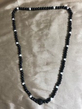 VINTAGE 28.5in Long Black Jet + White Glass Necklace Polished Round Beads