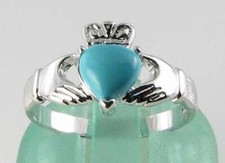9CT 9K WHITE GOLD TURQUOISE CLADDAGH HEART SINGLE STONE RING FREE RESIZE