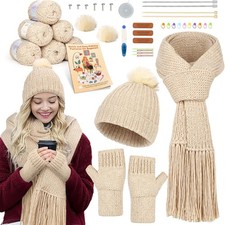 Reessy Knitting Kits for Beginners Adults, Hat Scarve Gloves Khaki 