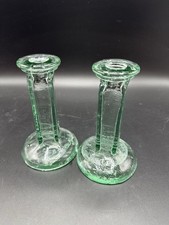 Pair Of Vintage 70s Bluegreen Glass Square Bottle Neck Candle Stick Holder (N)
