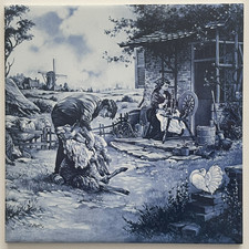 Royal Mosa Delftware Tile Sheep Shearing & Women at Spinning Wheel 6"