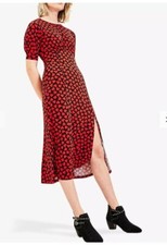 NWOT Oasis Navy Red Large Hearts Slit Hem Midi Dress M - 12 Puff Slv RARE £39