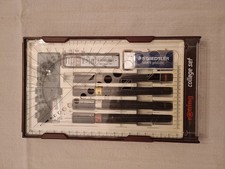 A Set Of 5 Rotring Drawing Pens, Teak Penholder And 3 Rotring Stencils.