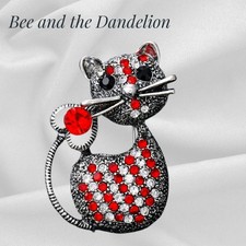 Red  Rhinestone Crystal Cat / Kitten  Silver Tone Brooch