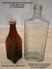 TWO Old 1940s vintage VETERINARY Medicine Bottles - TIPPERS & CURECHILINE Drench