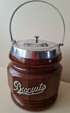 Vintage Wooden Biscuit Barrel With Ceramic Liner Chrome Plated