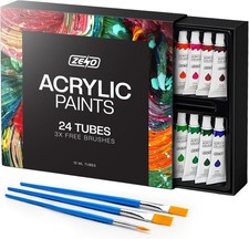 ACRYLIC PAINT SET TUBE 24 x 12ML, 3 FREE BRUSHES PERFECT FOR CANVAS WOOD CERAMIC