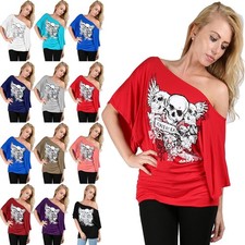 Womens Ladies Skull Forever Young Casual Bardot Batwing Halloween Tee Tunic Top