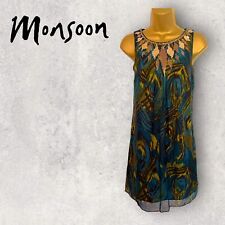Monsoon Womens Petite Teal Silk Peacock Feather Bronze Sequin Dress  UK 6