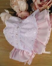 Baby Bonnet Hat White Pink Broderie Anglaise Trim Summer Christening 0 6 12 18m