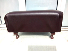 LARGE VINTAGE BROWN FAUX LEATHER FOOT STOOL PADDED SEAT & QUEEN ANNE STYLE LEGS