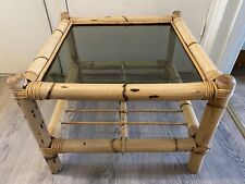 Vintage Square Bohemian Cane Bamboo Rattan Coffee Table Side Table W/ Glass Top