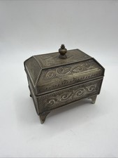 Antique Indian Metal Casket On Feet. Scroll Design. Finial. 9cm x 6cm x 8cm