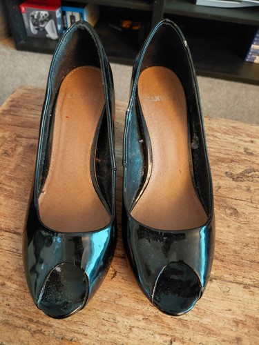 Black leather paten peep - leather, toe