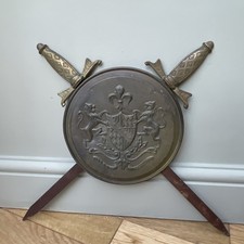 Vintage Wall Mounted Brass Sheild With Crest Armorial And Swords Wall Art Decor