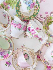 Vintage mismatch 21 piece tea set, pinks and greens, cake plate, trios, jug bowl