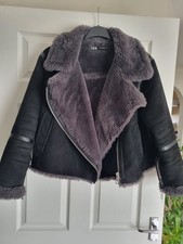 ZARA Black Faux Leather Shearling Fur Biker Jacket Aviator Coat Size XL