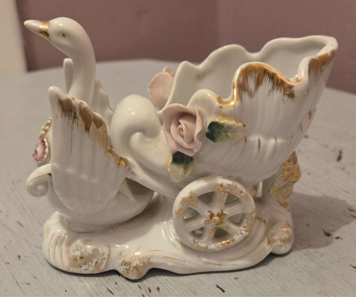 Vintage white porcelain swan - white,