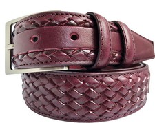 MENS 100% ITALIAN CALF LEATHER BELT BURGUNDY MAROON BRAID 35MM