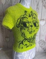 Lazy Oaf Women's UK 6 Super Soft Neon Green Short Sleeve Dog Design Crop Jumper