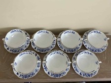 Spode Blue Bowpot Bone China Ivory Soup Bowls & Plates X7