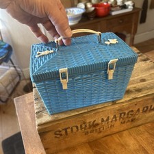 Vintage Bright Blue 1950's 1960's Woven Plastic Lidded Children's Basket - Toys?