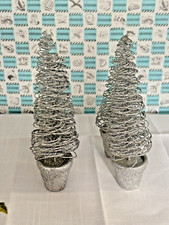 Set of Four silver glitter mini Christmas tree decorations 