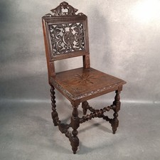 Victorian Oak Hall Chair Carved Gothic Revival Barley Twist Legs c.1880s Prop