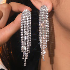 Silver Crystal Long Drop Rhinestone Diamante Bridal Wedding Dangle Earrings 
