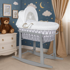 Luxury Moses Basket Padded Wicker Baby Full Set Rocking Grey Handle/White