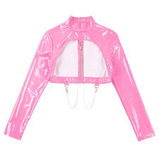 UK Women's PVC Leather Stand Collar Long Sleeve Crop Top Nightclub Shrugs Shirts