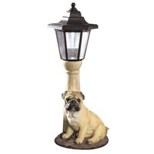 Adorable Fawn Pug Puppy Dog Garden Sculpture w/ Solar Lighted Lamp Post