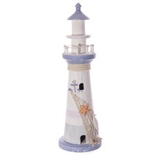 Nautical Painted Wooden Lighthouse with Net Decoration Ornament - Height 37cm