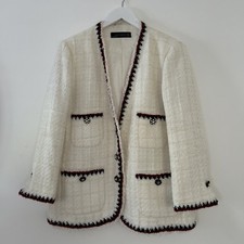 Zara Blazer Ivory White Red Boucle Textured Tweed Jacket Small S Uk 8 10