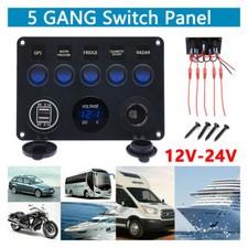 5 Gang 12V/24V Switch Control Panel LED Voltmeter Dual USB Car Boat Campervan UK