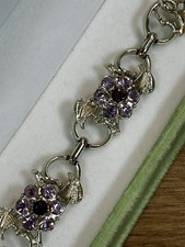 VTG Corocraft Rhinestone Bracelet Purple Crystal Flower Panel Chain Silver Tone