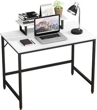 White Computer Desk with Storage Shelf/Monitor Riser 100x60x75cm Metal Frame