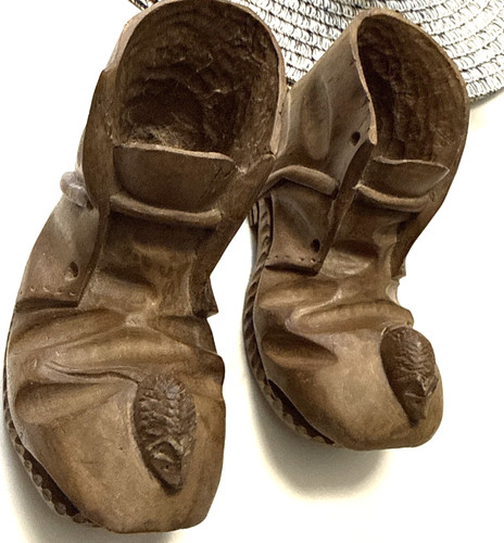 Vtg carved wooden boots - carved,