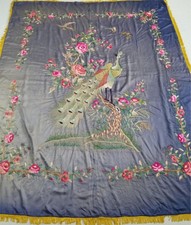 Vintage Chinese Hand Embroidered Peacock on Floral Branch Silk Bedspread 214x169