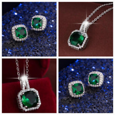 Fashion Green Emerald Diamond Necklace/Earring Silver Set-Geometric Design UK