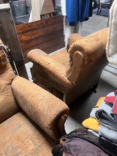 Pair Of 1930’s Antique Leather Armchair Deco Club Chairs UPHOLSTERY PROJECT