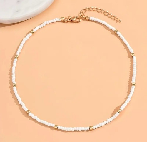 White bead choker string - white,